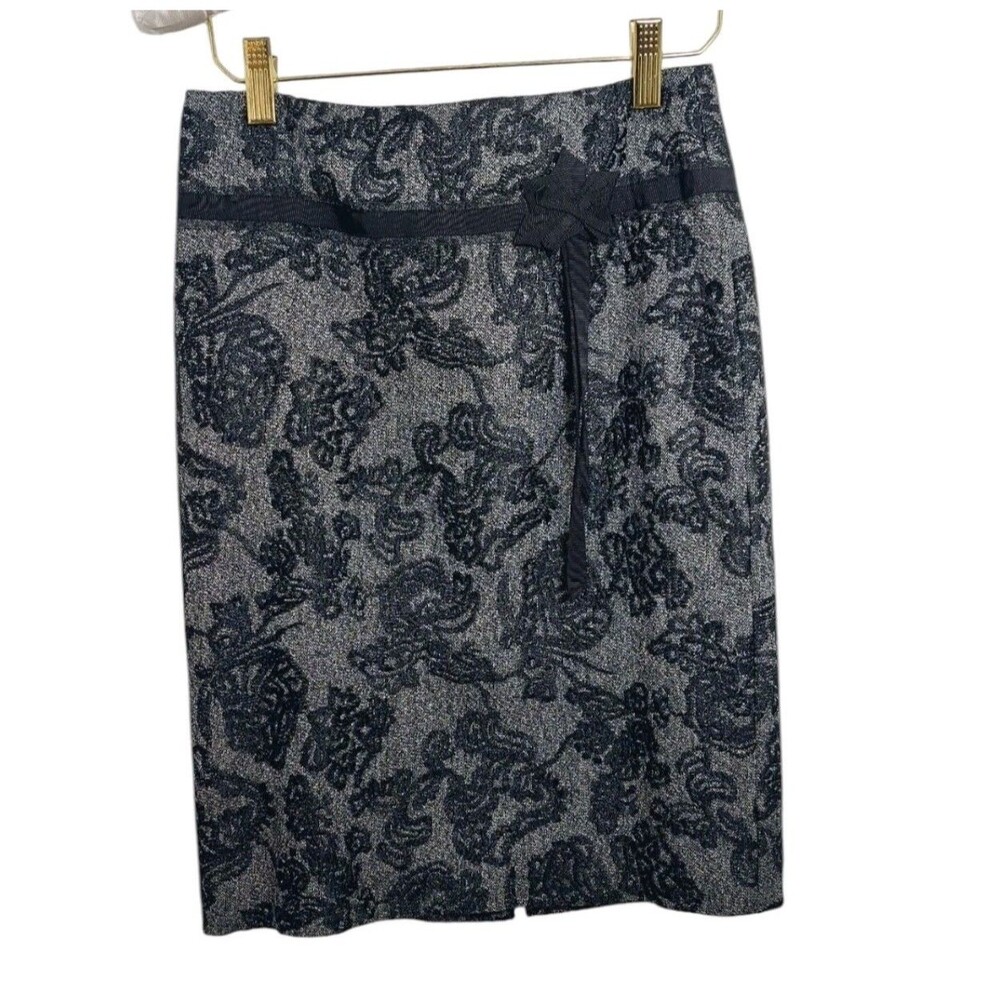 Ann Taylor Petites Women's Size 0P 0 Skirt Pencil Lace Bow Black Gray Wool Blend